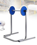 Adjustable Shipping Station Stand Tabletop Bubble Wrap Dispenser Metal Cushioning Film Rack with blue wheels for easy roll access.
