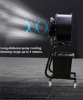 Heavy Duty 16 Inch Industrial Misting Fan With Auto Swinging Head Three Speed Settings Roll Around Frame For Warehouse Cooling That Throws Down Insane Airflow To Keep You Chilled Zero Sweat shown from side with spray, blowing range up to 8 meters.