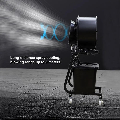 Heavy Duty 16 Inch Industrial Misting Fan With Auto Swinging Head Three Speed Settings Roll Around Frame For Warehouse Cooling That Throws Down Insane Airflow To Keep You Chilled Zero Sweat shown from side with spray, blowing range up to 8 meters.