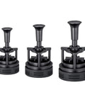 Sleek Espresso Distributor Tool And Rotatable Coffee Ground Stirrer Compact 53 Millimeter Puck Prep Gauge shown in three sizes, black plastic.