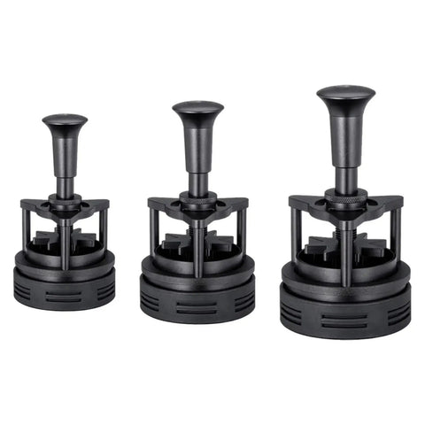 Sleek Espresso Distributor Tool And Rotatable Coffee Ground Stirrer Compact 53 Millimeter Puck Prep Gauge shown in three sizes, black plastic.