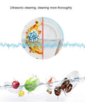 Ultrasonic cleaning with water spray showing residue removal, demonstrating Slick Portable Usb Dishwasher With Ultrasonic Deep Clean And High Pressure Water Spray That Tackles Greasy Pots And Pans Hassle Free For Small Kitchens Apartments Or RV Outings In Matte Blue.