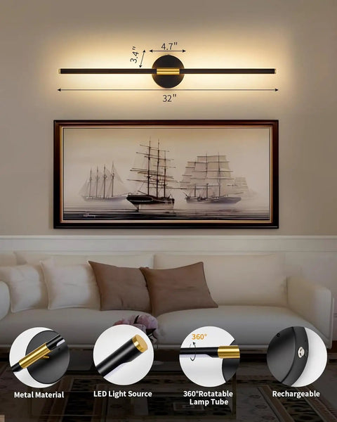 Black And Gold Rechargeable Wall Sconce Set Of Two Packing An Epic 8000 Mah Battery Delivering Up To Sixty Hours Of Warm Lighting With A Dope 350 Degree Rotating Mount Making Setup Totally No Sweat Perfection For Your Entire Home, featuring a 32" LED light tube in metal.
