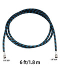 Six Foot Nylon Braided Airbrush Hose With Slick Zero Drip Airflow And Dual 1/8 Inch Ports Plus 1/8 Male To 1/4 Female Fitting, black and blue pattern.