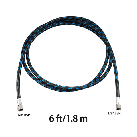 Six Foot Nylon Braided Airbrush Hose With Slick Zero Drip Airflow And Dual 1/8 Inch Ports Plus 1/8 Male To 1/4 Female Fitting, black and blue pattern.