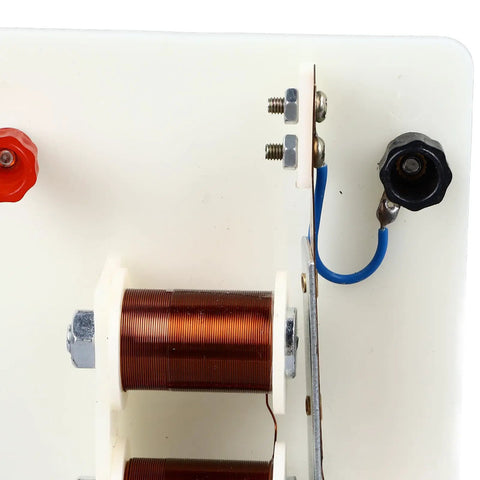 Close-up of copper coils and terminals on Top Shelf Electric Vertical Acoustics Demonstration Kit for classroom physics labs.