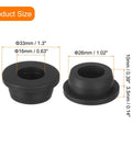 Four Pack Black Rubber Grommets With One Inch Drill Opening And Five Eighths Inner Bore To Plug Wall Holes and secure vinyl tubing, featuring sizes of 33mm and 26mm.