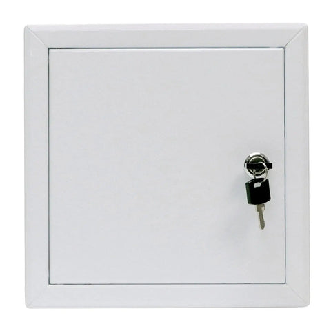 Heavy Duty Boss Grade 6X6 Inch Galvanized Steel Access Panel with secure lock and key, white finish, for HVAC and plumbing access.