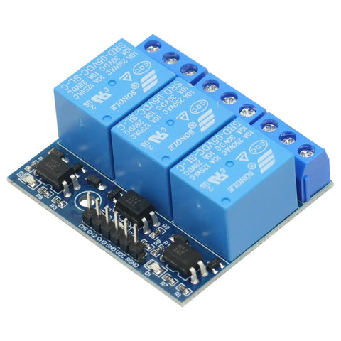 Three Channel 5V Relay Module with Optocoupler Isolation for Arduino Projects, blue compact expansion board, 63x42mm size