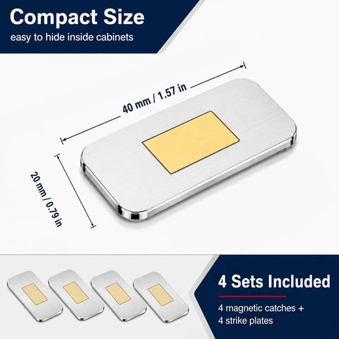 4 Pack Magnetic Cabinet Door Catches for Wardrobe Closet Drawer Shutter Easy Mount - compact size, 40mm x 20mm.