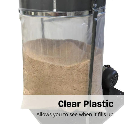Top Tier Clear Dust Collector Bags Compatible With Central Machinery 35 And 70 Gallon Systems 19 Inch Diameter 40 Inch Length Bulletproof 5 Mil Plastic Five Pack Made In Usa, showing filled clear plastic bag.
