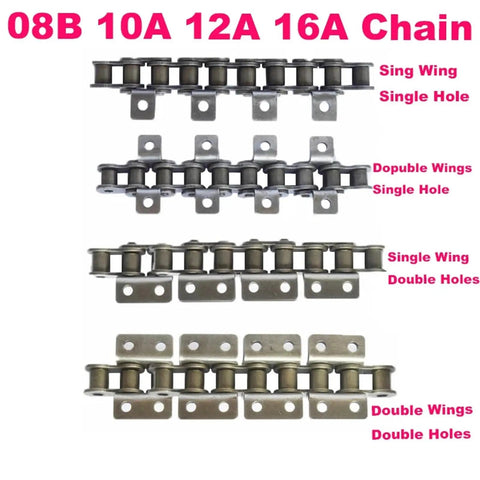 Premium 1.5M Drive Roller Chain With Double Wings For Heavy Duty Conveyor And Machine Transmission, showing 08B chains with various hole types.