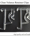 Heavy Duty 2 Inch Clear Blind Valance Clips For Wood Or Faux Wood Horizontal Blinds showing two clear clips on a dark background.