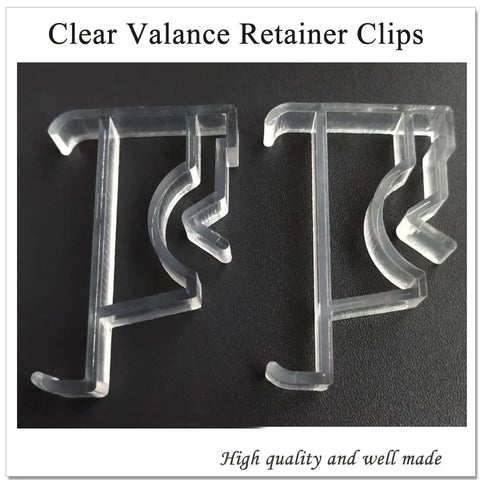 Heavy Duty 2 Inch Clear Blind Valance Clips For Wood Or Faux Wood Horizontal Blinds showing two clear clips on a dark background.
