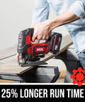 Person using Beast Mode Cordless Jigsaw Kit with Brushless 20V Power Core 20 Battery 2.0Ah on wooden board.