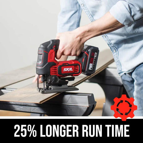 Person using Beast Mode Cordless Jigsaw Kit with Brushless 20V Power Core 20 Battery 2.0Ah on wooden board.