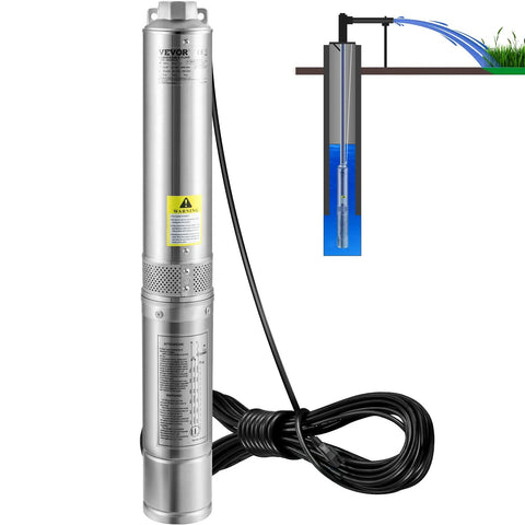 Deep Well Submersible Pump 1HP 115V 37 GPM 207 Ft Head 4 Inch Stainless Steel Water Pump with long cord and installation diagram