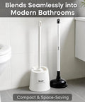 Heavy Duty Toilet Plunger And Brush Set With Nifty Hideaway Stand For No Fuss Bathroom Refresh, compact white and black design.