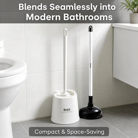 Heavy Duty Toilet Plunger And Brush Set With Nifty Hideaway Stand For No Fuss Bathroom Refresh, compact white and black design.