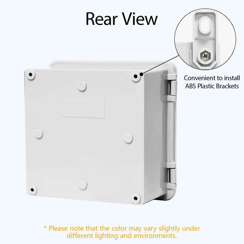 Rear view of Hella Weatherproof Abs Plastic Junction Box IP65 Rated Secure Latch Closure Built Tough For Indoor Outdoor Wiring Projects Smooth Install Gray 5.9 X 5.9 X 3.5 Inch.