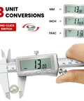 Six Inch Digital Caliper With Rechargeable Battery Backlit LCD Screen Stainless Steel Measuring Tool showing unit conversions