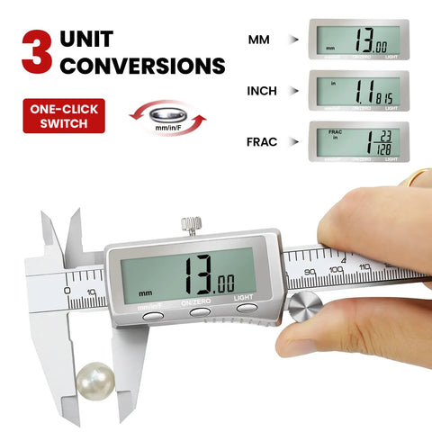 12 Inch Digital Caliper With Backlit LCD Screen All Metal Measuring Tool For Jeweler DIYers Woodworkers And Household Use Auto Off MM To In Conversion Accurate To 0.001 Inch Or 0.02 Mm, showing LCD display with conversion features.