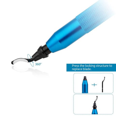 Precision Deburring Tool With 10 High Speed Steel BS1010 Blades for effortless edge burr removal, showing blue aluminum handle and blade.