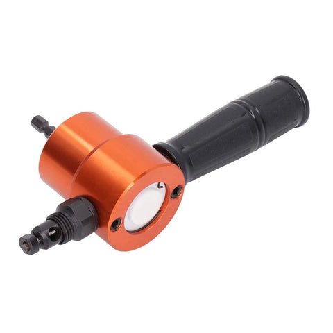 Electric Nibbler Attach For Drills With 360 Rotating Double Headed Sheet Metal Cutter showing the orange metal head and black handle.