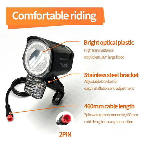 High Brightness LED Front Headlight For Night Riding On 12V To 60V E Bikes And Electric Scooters 2 Pin Connector 470Mm Wire Waterproof QD252 Plug Built For Safe Night Rides On City Streets And Rugged Trails