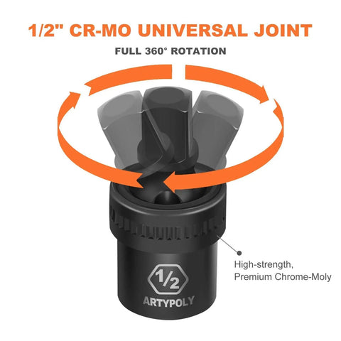 1/2 inch CR-MO universal joint with full 360-degree rotation from heavy duty 48 piece impact socket set