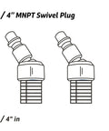 Two Piece Swivel Air Plug One Quarter Inch NPT Male Thread Steel Quick Connect Air Tool Coupler Plug Corrosion Resistant With Pre Applied Sealant To Reduce Hose Twist And Wrist Strain Industrial Grade, 1/4 in