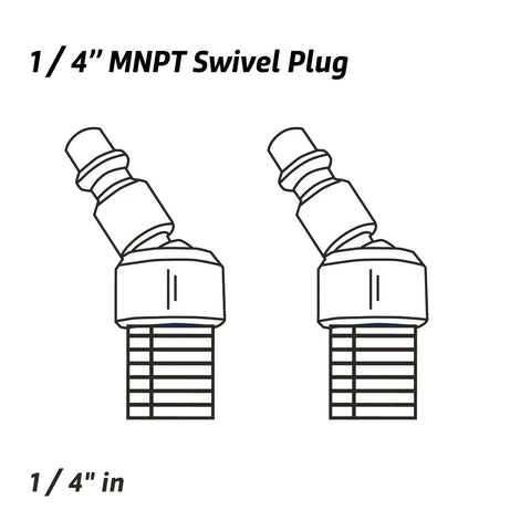 Two Piece Swivel Air Plug One Quarter Inch NPT Male Thread Steel Quick Connect Air Tool Coupler Plug Corrosion Resistant With Pre Applied Sealant To Reduce Hose Twist And Wrist Strain Industrial Grade, 1/4 in
