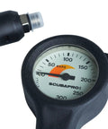 Close-up of Compact Brass Case Diving Pressure Gauge With Metric Display, Rubber Boot and 34.5 Inch HP Hose, 0-300 Bar Readout