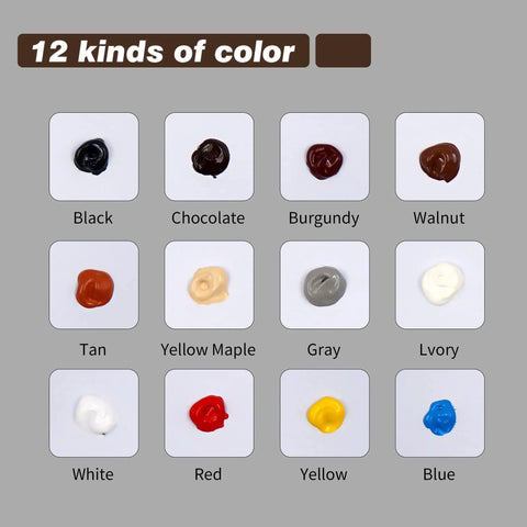 Chart showing 12 colors from the Wood Furniture Repair Kit With 12 Color Wood Filler Pastes for fixing scratches and cracks.