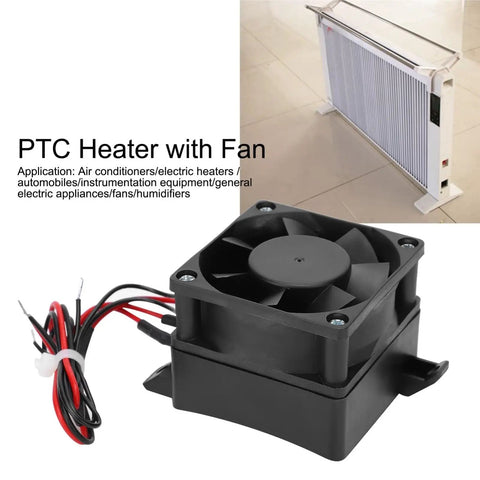 Top Shelf 220 Volt 300 Watt Electric Ceramic Ptc Air Heater With Built In Fan And Smart Thermostatic Control visible with a black fan.