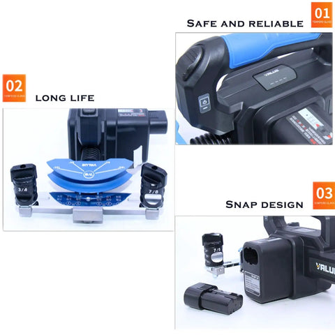 Electric Hydraulic Tube Bender Kit With Rechargeable Lithium Battery Bends Copper And Aluminum Pipes Fast 90 Degrees In Seconds Include 7 Dies For A C Repair And DIY Projects Heavy Duty Portable Design with 7/8" die and control handle.