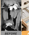 Kick Clutter To The Curb With This Slick Foldable Drawer Organizer Set Of Six Beige Fabric Compartments Keep Your Clothes And Underwear Tight And Tidy For Smooth Daily Access In Any Closet Or Dresser - before and after comparison of messy and organized drawer.