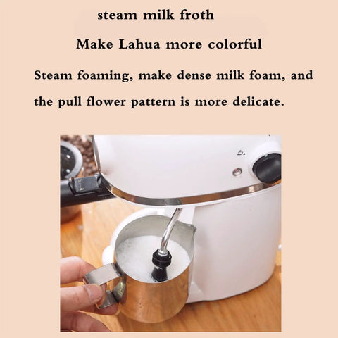 Slick Compact Semi Automatic Espresso Machine With Integrated Milk Frother and Steam Wand creating dense milk froth in a metal pitcher.