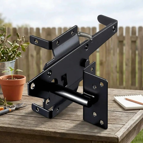 Tough as Nails Carbon Steel Fence Gate Latch for Wood and Vinyl Fences Rust Resistant Heavy Duty Outdoor Latch on a wooden table.