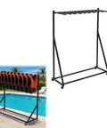 Heavy Duty Wheeled Life Jacket Storage Rack Holds Up To Forty Flotation Vests Easy Rolling Black Steel Organizer displaying vests by pool