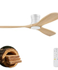 Slick Look 52 Inch Low Profile Ceiling Fan With Steady Breeze Motion And Soft Ambient Lights, wood blades, and remote control.