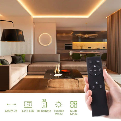 Living room with 40ft Tunable White LED Strip Light with 1344 LEDs, dimmable 3000K to 6500K, RF remote shown in foreground