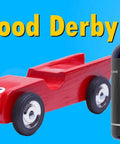 100 Percent PTFE Dry Lubricant Ultra Fine Powder For Metal And Plastic bottle next to red pinewood derby car on blue background.