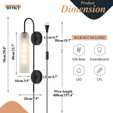 Black Plug In Wall Lights For Bedroom And Living Room, Frosted Milky White Glass Sconce Decor, dimensions shown