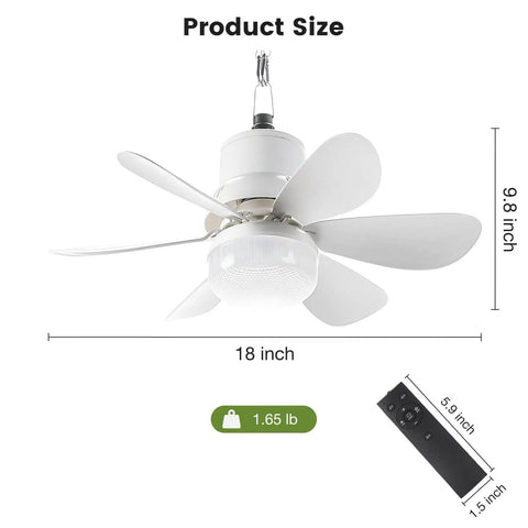 18 Inch Portable Canopy Ceiling Fan With Remote Wireless Battery Operated Light shown with dimensions and weight