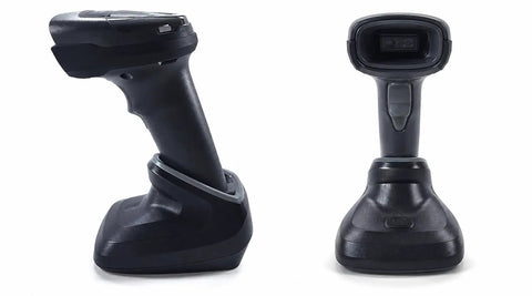 Wireless Bluetooth Barcode Scanner With 1D And 2D Imager Omnidirectional Scan from side and front view on stand
