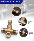Built Tough 3 Way Brake Line Tee Connector With M10 X 1.0 Stud Nuts For 3/16 Inch Tubing close-up showing precision threads and solid brass body.