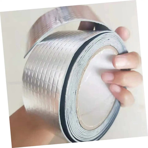 Hand holding two rolls of Butyl Repair Tape Sealant for roof leaks, pipe cracks, and outdoor surfaces, heavy duty waterproof tape.