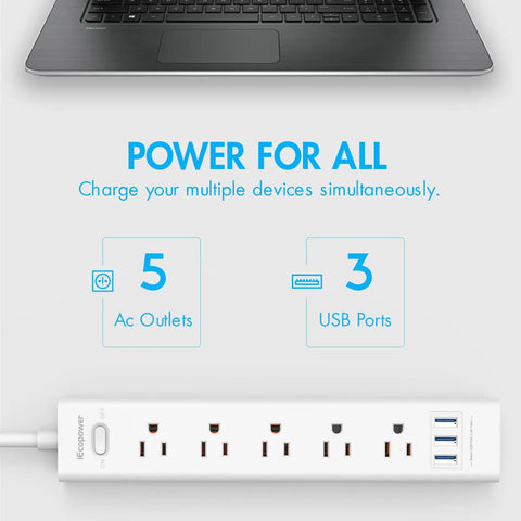 8-Outlet Surge Protector Power Strip With Flat Plug And 4.5 Foot Extension Cord, 5 AC Outlets And 3 USB Ports, 1250 Watts And 10 Amps