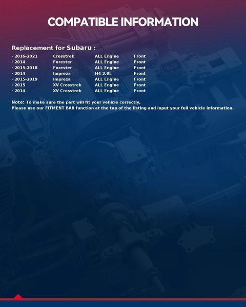 Compatibility chart for Front Wheel Bearing Hub Assembly 513413 For Subaru with model years and engine details.